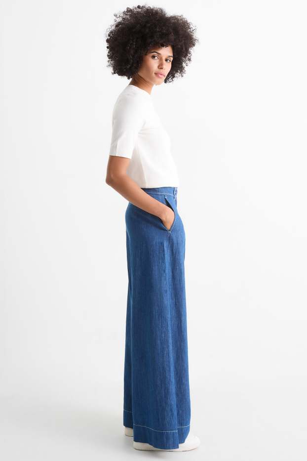 Femei - Pantaloni de stofă - talie înaltă - wide leg - aspect de jeans - albastru închis