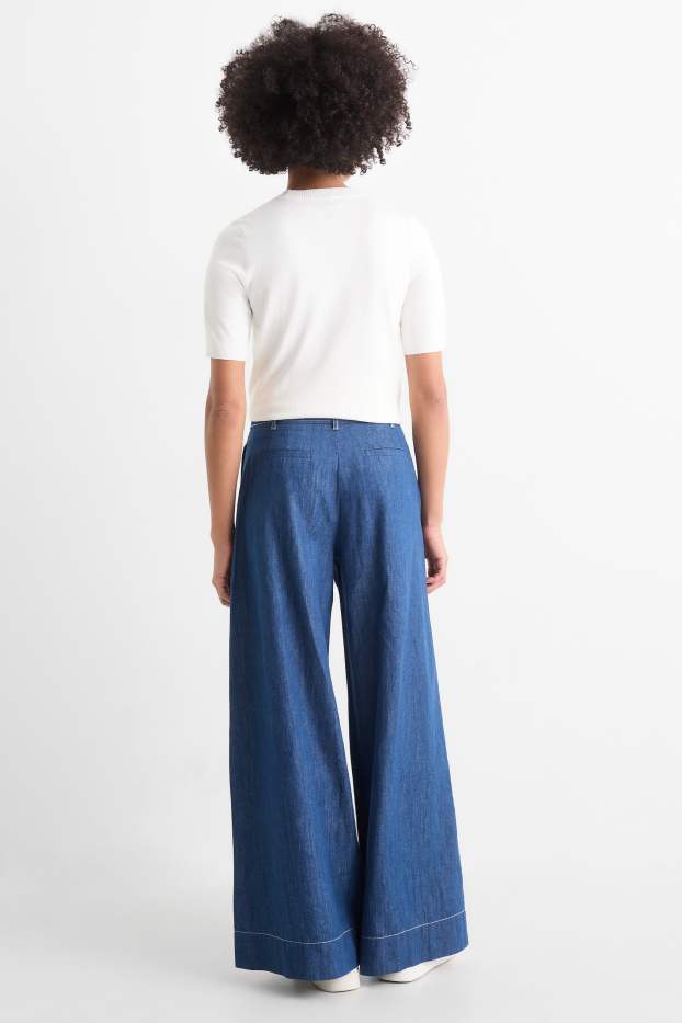 Femei - Pantaloni de stofă - talie înaltă - wide leg - aspect de jeans - albastru închis