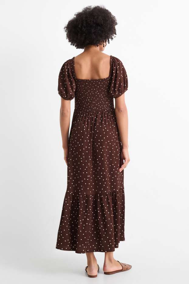 Donna - Vestito fit & flare - a pois - tessuto tramato - arricciato - marrone