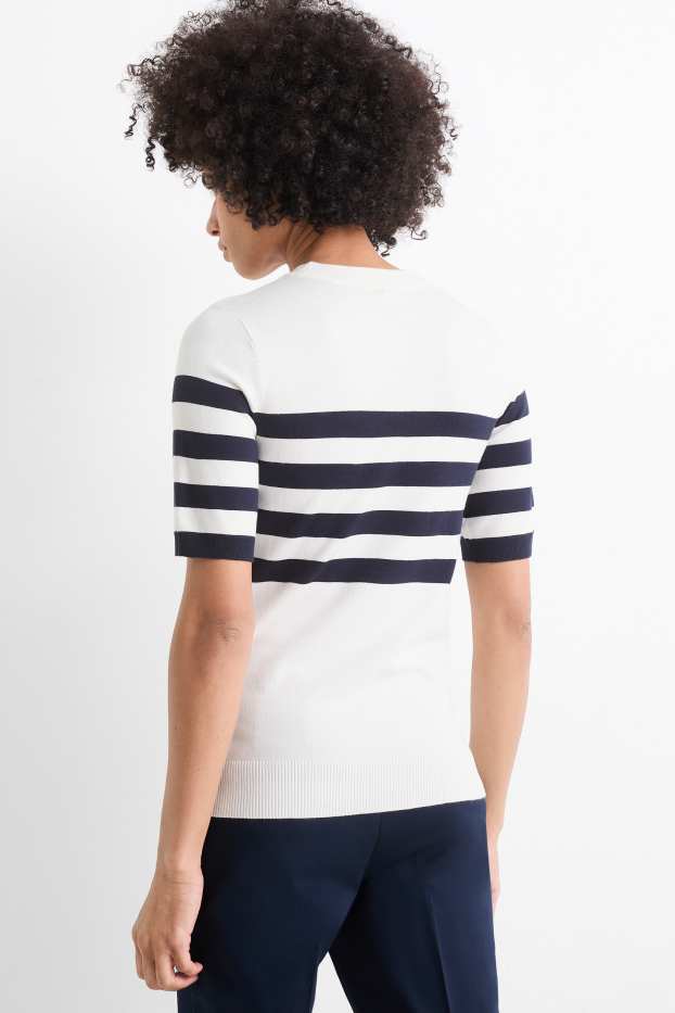 Women - Knitted jumper - short sleeve - striped - white / black