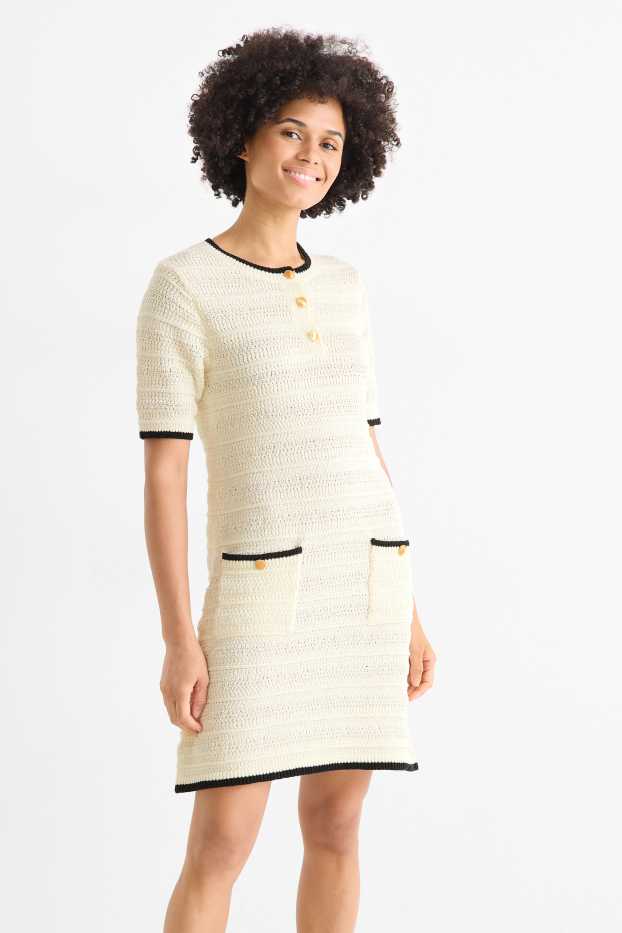 Damen - Strickkleid - strukturiert - dunkelblau / cremeweiss