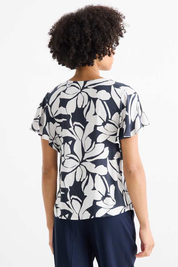 Femmes - Chemisier à col V - à fleurs - bleu foncé / blanc crème