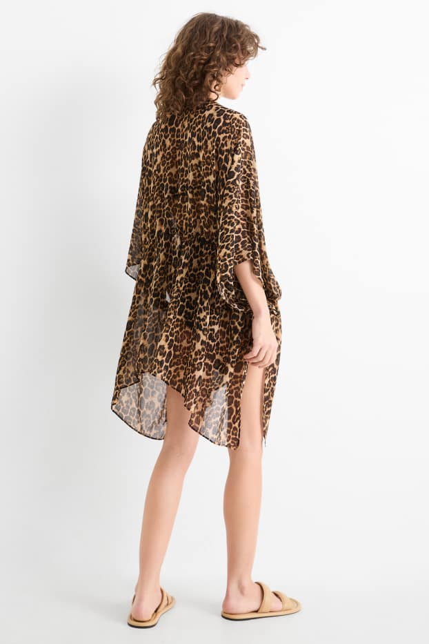 Damen - Kimono - Leo-Print - strukturiert - schwarz / beige