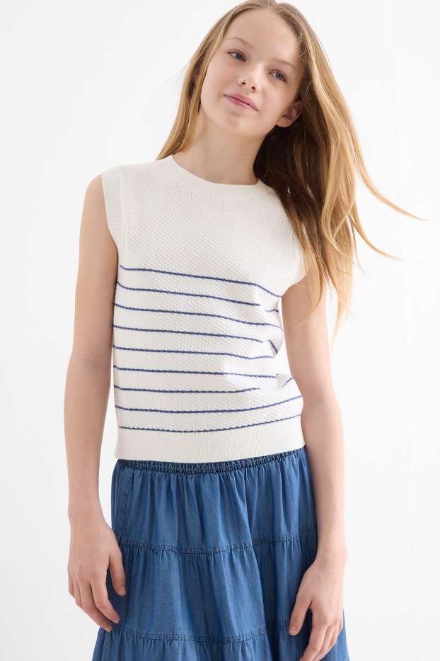Enfants filles - Pull sans manches - à rayures - finition texturée - blanc