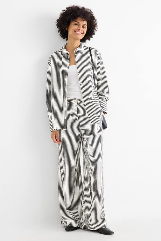 Femmes - Pantalon de toile - high waist - wide leg - à rayures - noir / beige