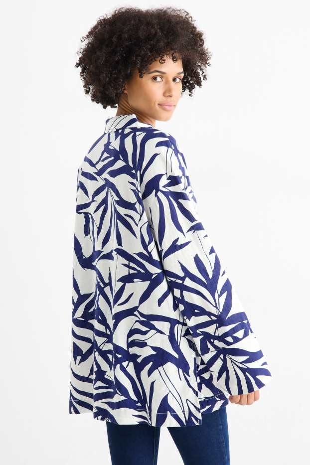 Damen - Bluse mit V-Ausschnitt - Leinen-Mix - gemustert - weiß / blau