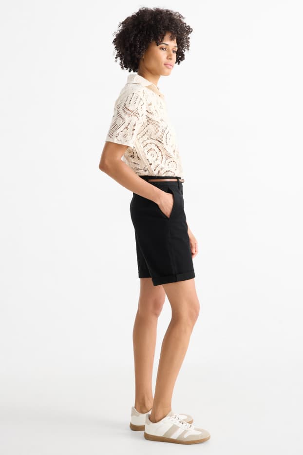 Women - Bermuda shorts with belt - mid-rise waist - black