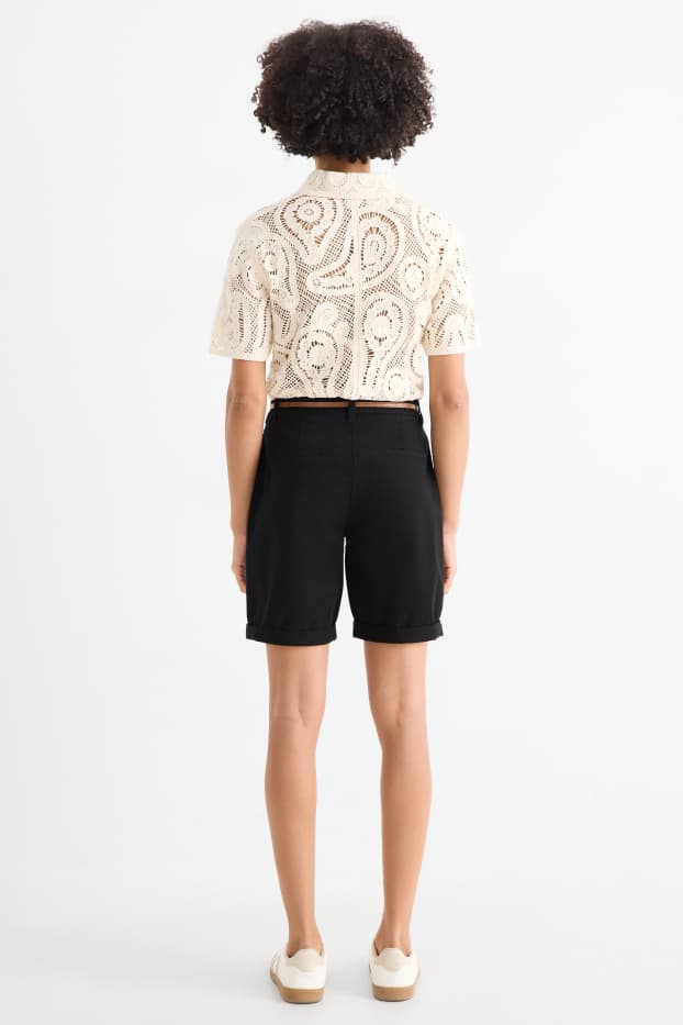 Women - Bermuda shorts with belt - mid-rise waist - black