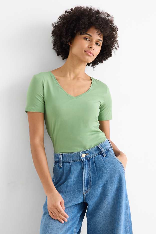 Dames - T-shirt met V-hals - slim fit - groen