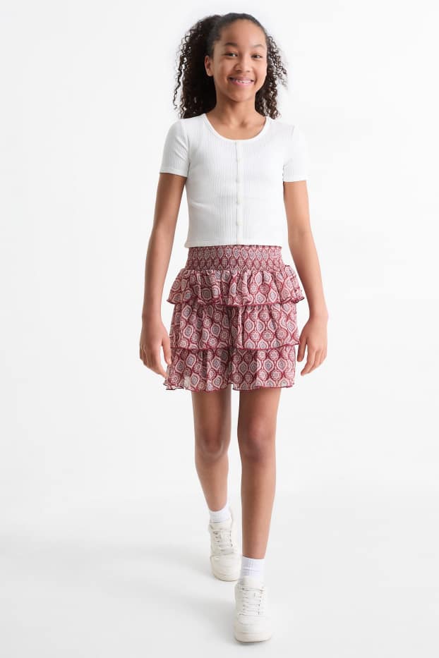 Kinderen: meisjes - Set - T-shirt en rok - 2-delig - wit / donkerrood