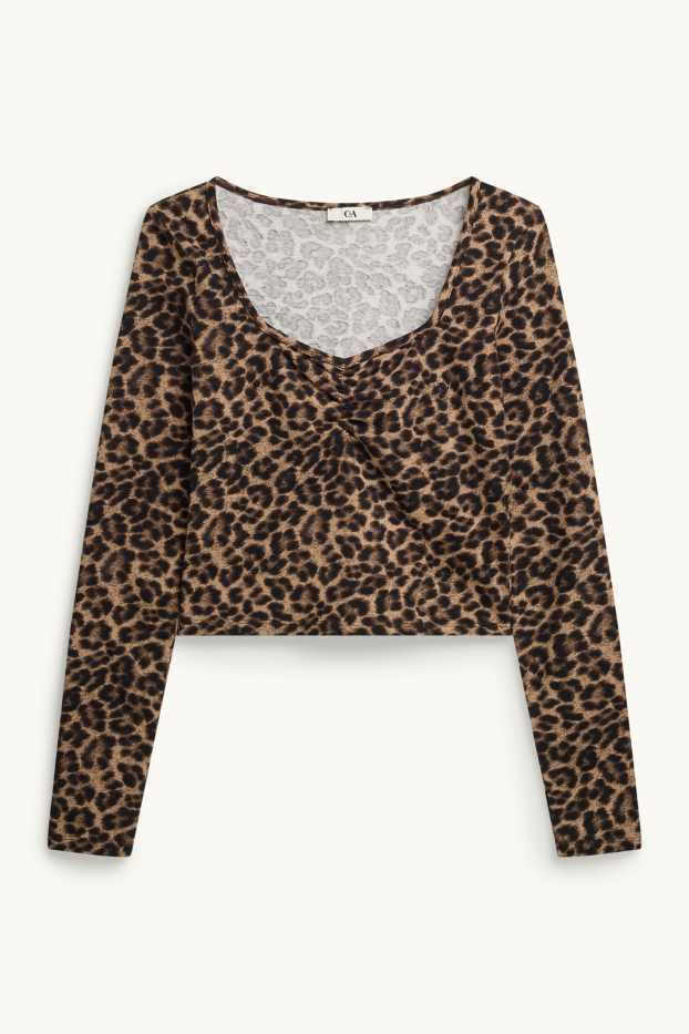 Women - Cropped long sleeve top - slim fit - leopard print - brown