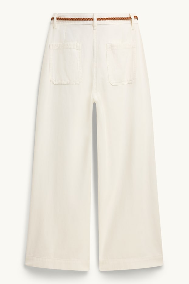 Damen - Crop Stoffhose mit Gürtel - Mid Waist - Wide Leg - weiss