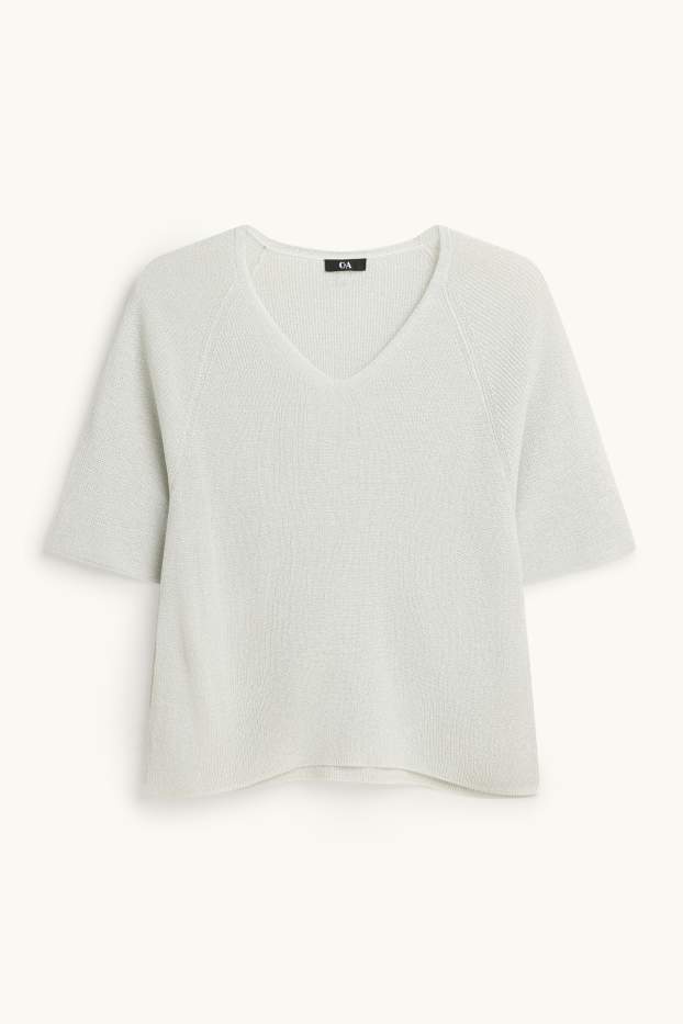 Damen - Strickpullover - kurzarm - Glanz-Effekt - weiß / silber