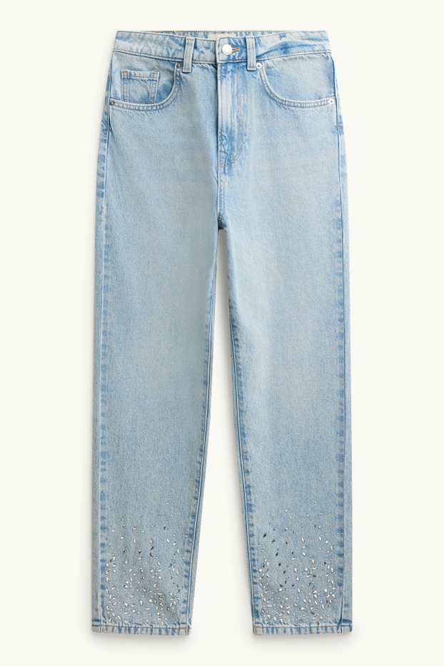 Damen - Mom Jeans mit Strasssteinen - High Waist - hellblau