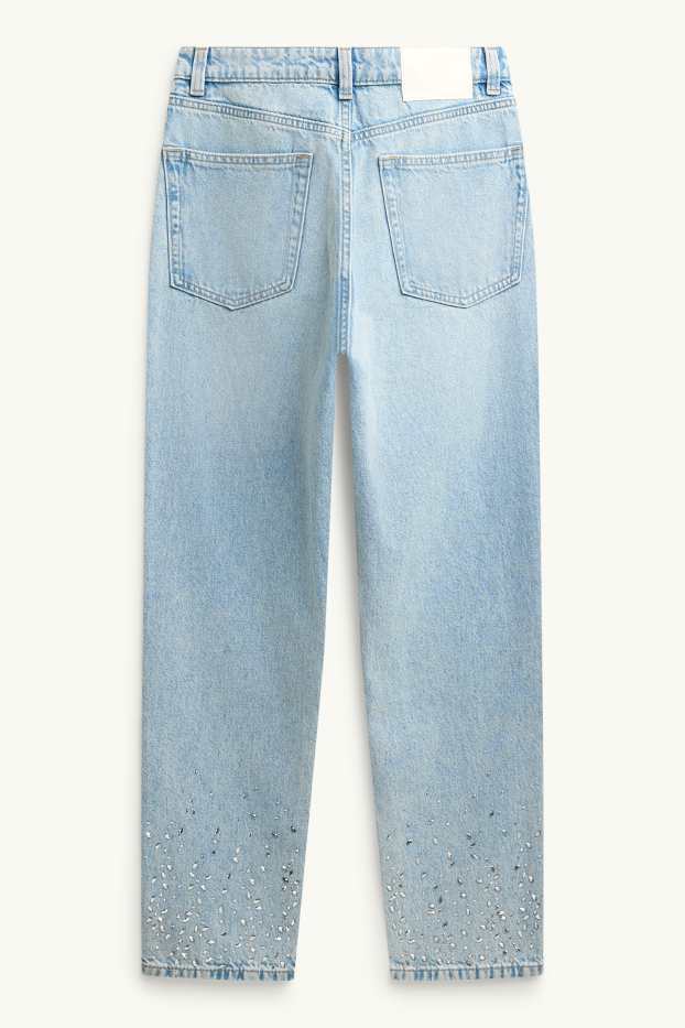 Damen - Mom Jeans mit Strasssteinen - High Waist - hellblau