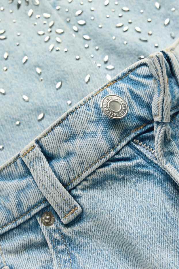 Damen - Mom Jeans mit Strasssteinen - High Waist - hellblau