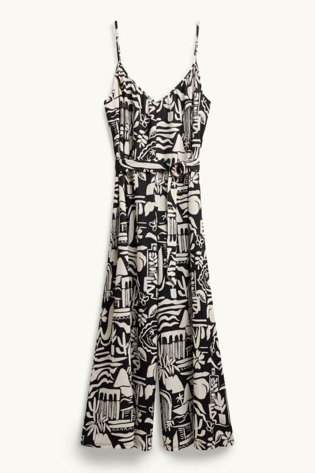 Femei - Salopetă cu decolteu în V și curea - cu model - negru / alb