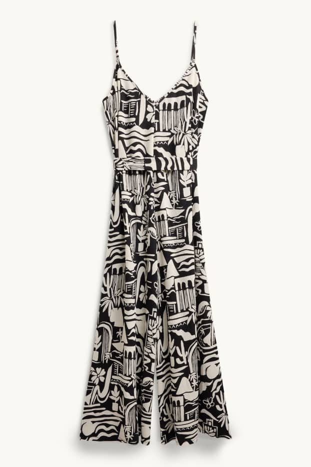 Femei - Salopetă cu decolteu în V și curea - cu model - negru / alb