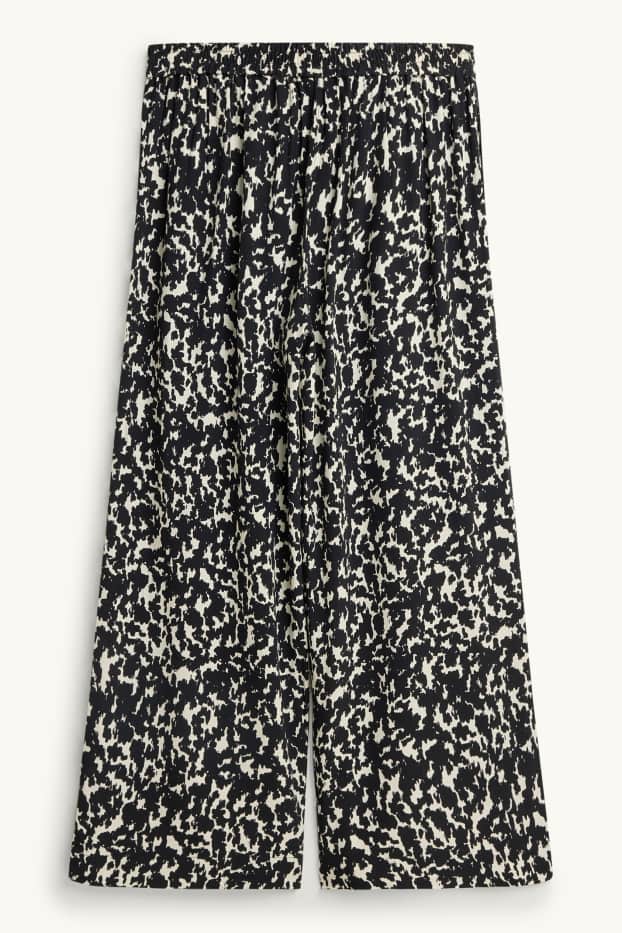 Damen - Crop Stoffhose - Mid Waist - Wide Leg - gemustert - schwarz / beige