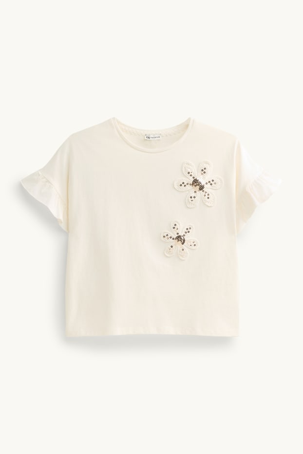 Bambine - Fiore - maglia a maniche corte - effetto brillante - bianco crema