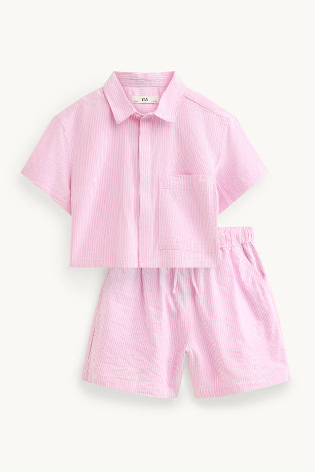 Kinderen: meisjes - Set - blouse en korte broek - 2-delig - gestreept - roze