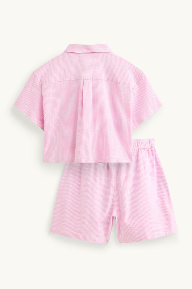 Kinderen: meisjes - Set - blouse en korte broek - 2-delig - gestreept - roze