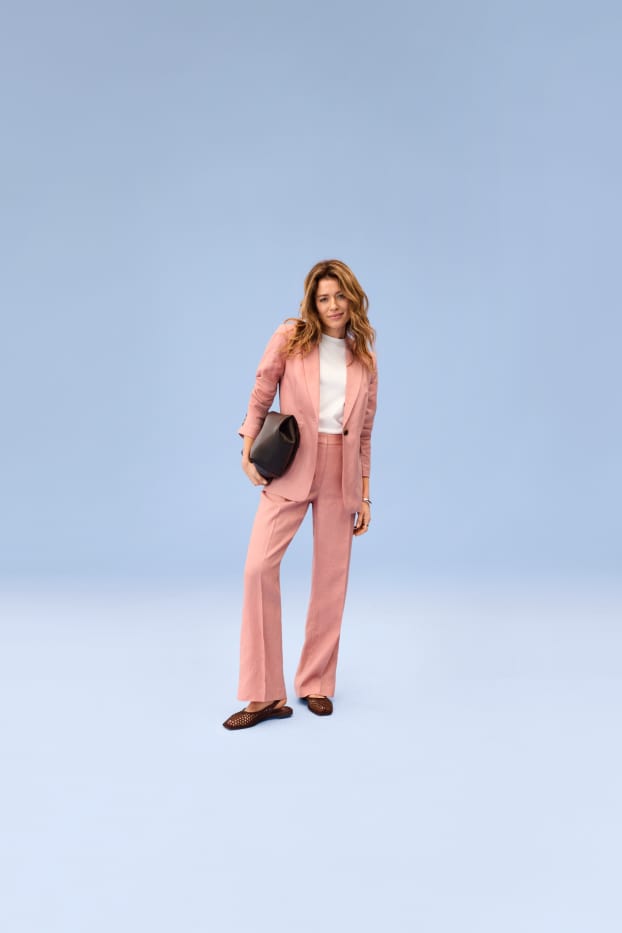 Femei - Pantaloni din in office - talie medie - regular fit - roz