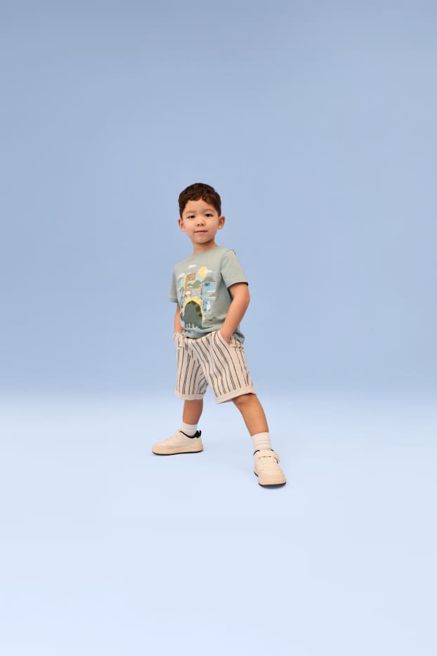 Kinder Jungen - Dino - Set - Kurzarmshirt und Sweatshorts - 2 teilig - beige / grün