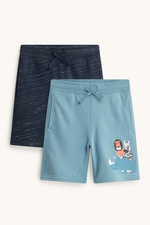 Enfants garçons - Lot de 2 - animaux - short en molleton - bleu / bleu clair