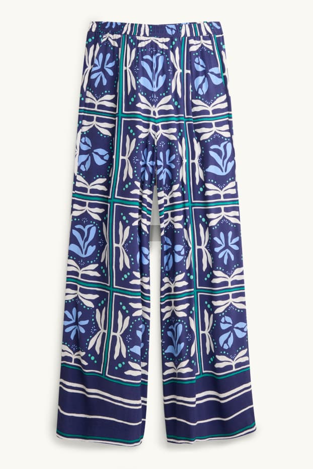 Dames - Pantalon - high waist - wide leg - met patroon - donkerblauw