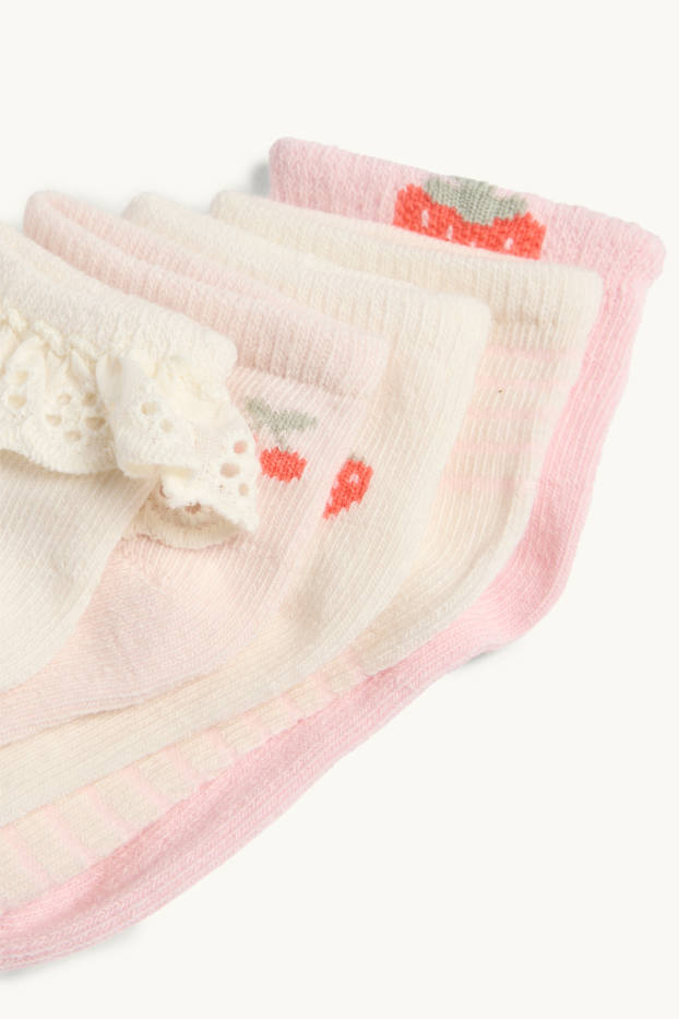 Bebeluși - fete - Multipack 5 perechi - cireșe, căpșune - șosete bebeluși cu motive - alb / roz