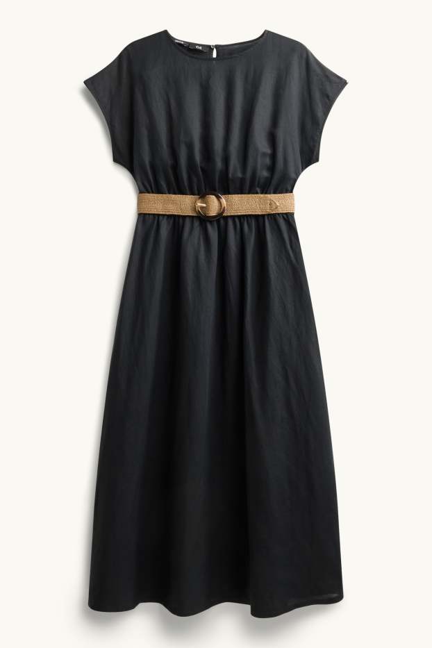 Dámské - Šaty fit & flare s páskem - lněná směs - černá