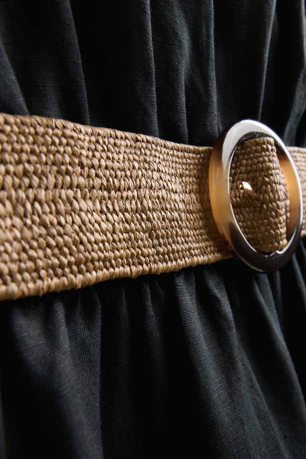 Dámské - Šaty fit & flare s páskem - lněná směs - černá