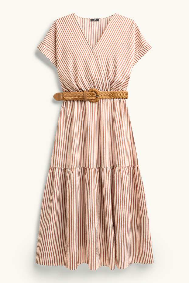 Damen - Kleid mit Gürtel und V-Ausschnitt - gestreift - hellbraun