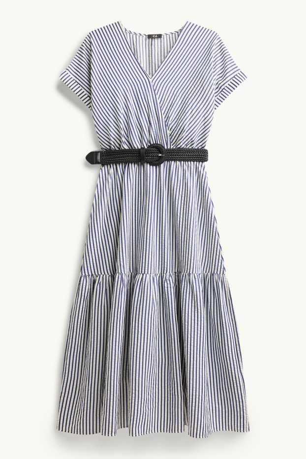 Damen - Kleid mit Gürtel und V-Ausschnitt - gestreift - blau