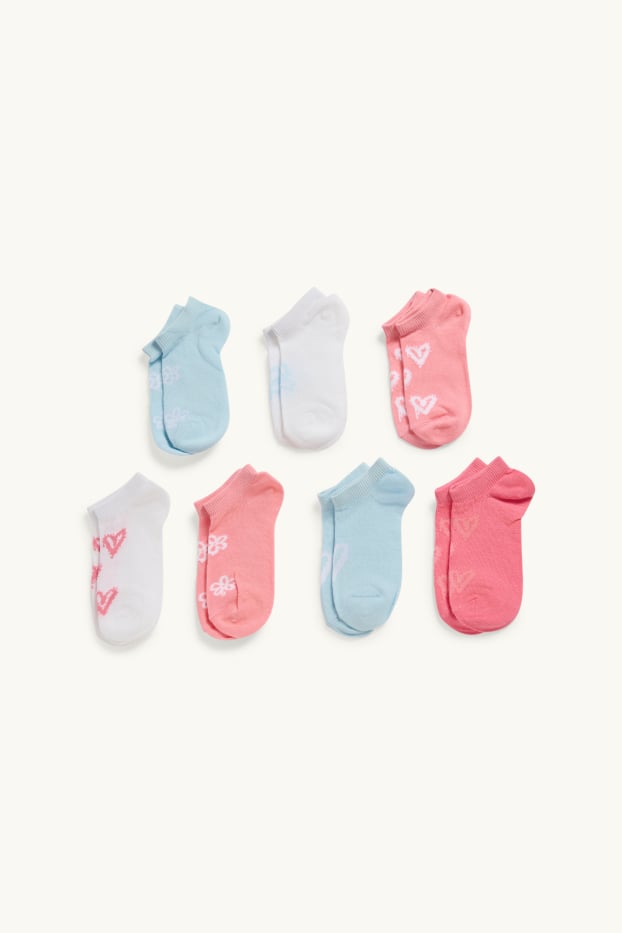 Enfants filles - Lot de 7 paires - cœurs et fleurs - socquettes de sport - rose