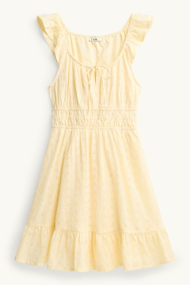 Dames - Jurk - broderie anglaise - geel