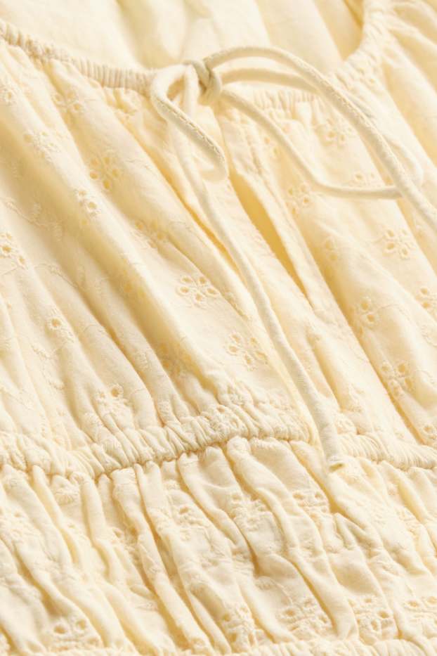 Dames - Jurk - broderie anglaise - geel