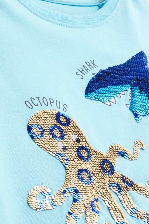 Enfants garçons - Requin, pieuvre, poisson-globe - T-shirt - effet brillant - bleu clair