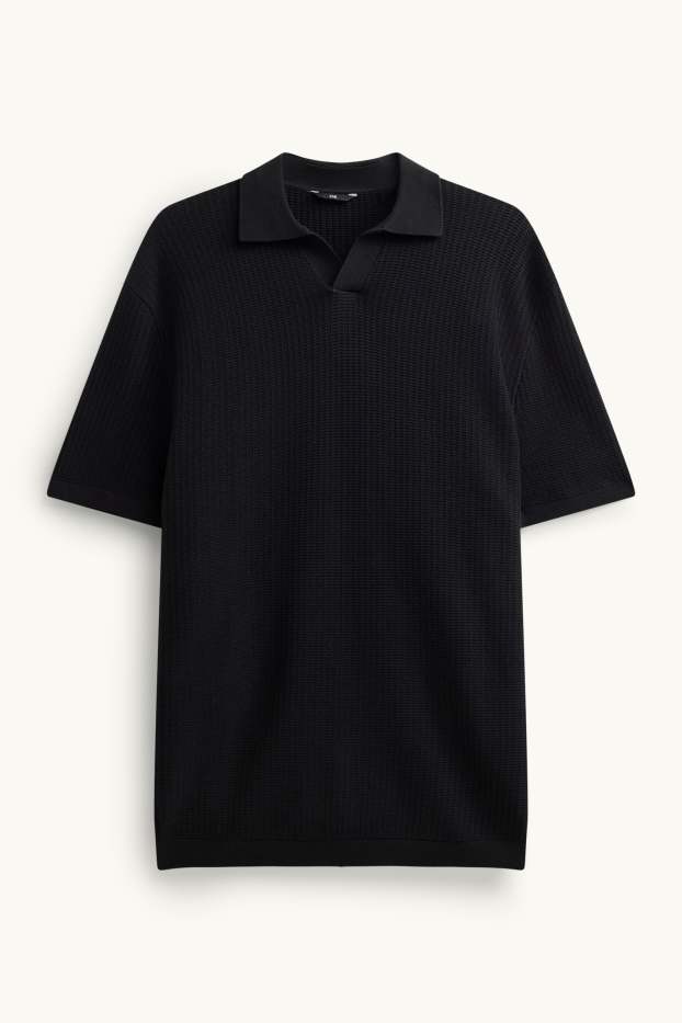 Heren - Gebreid poloshirt - relaxed fit - met structuur - zwart