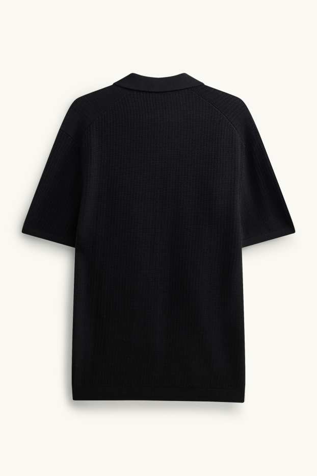 Heren - Gebreid poloshirt - relaxed fit - met structuur - zwart