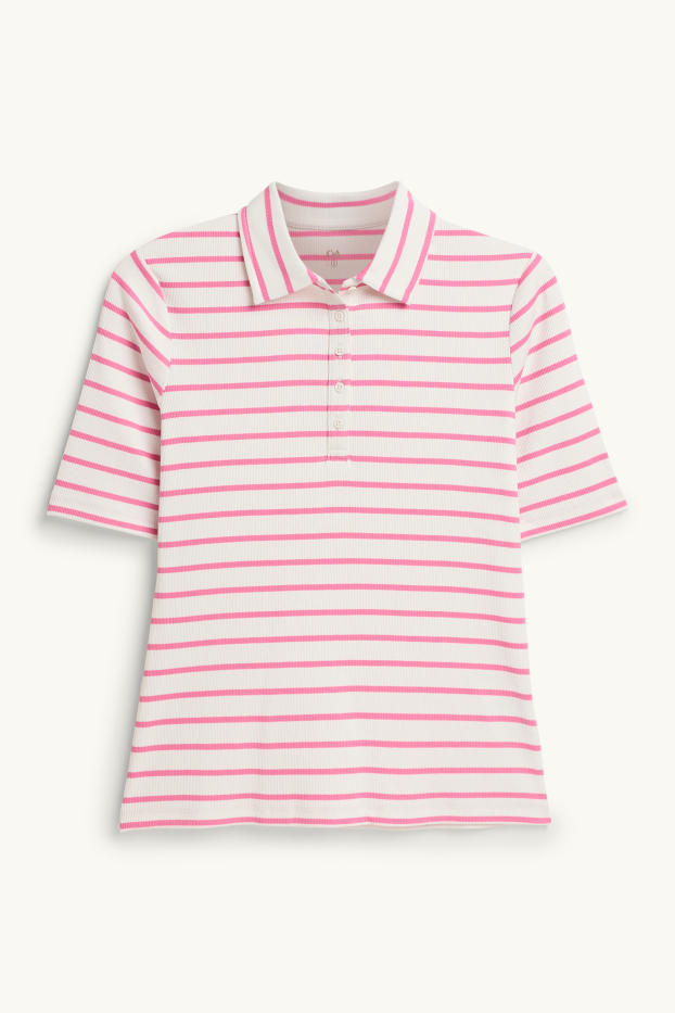 Women - Polo shirt - regular fit - ribbed - striped - white / pink