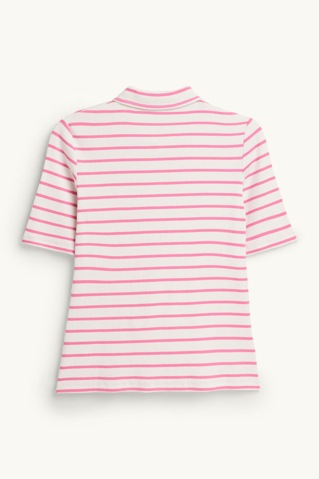 Women - Polo shirt - regular fit - ribbed - striped - white / pink