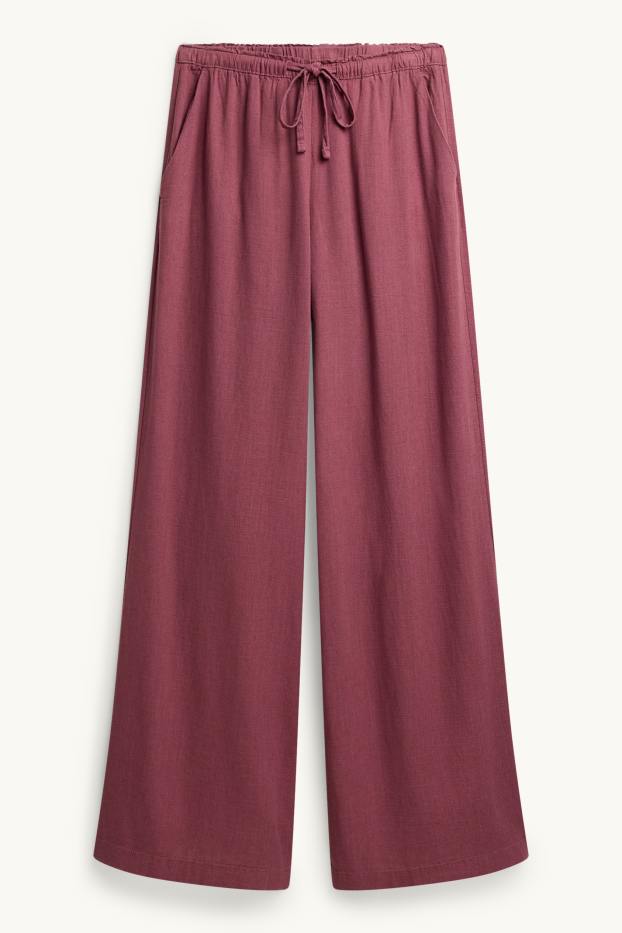 Mujer - Pantalón de tela con parte de lino - mid waist - loose fit - rojo oscuro