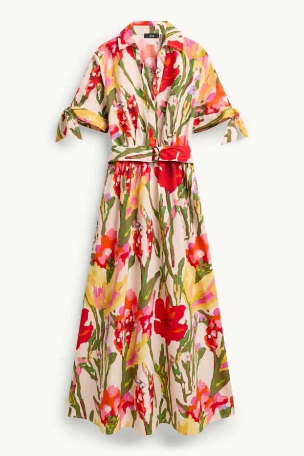 Donna - Vestito fit & flare con cintura - a fiori - rosso