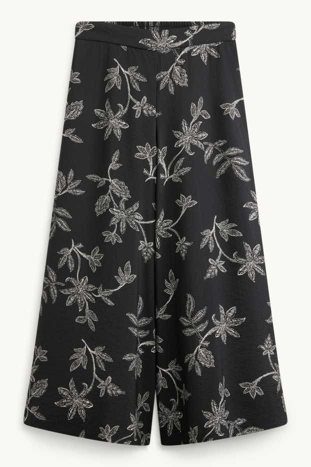 Damen - Stoffhose - Mid Waist - Wide Leg - geblümt - schwarz
