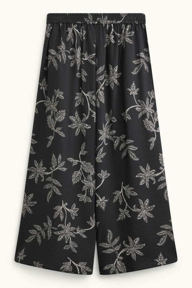 Damen - Stoffhose - Mid Waist - Wide Leg - geblümt - schwarz