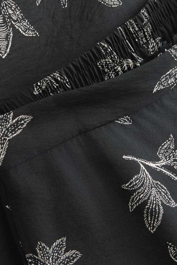 Damen - Stoffhose - Mid Waist - Wide Leg - geblümt - schwarz