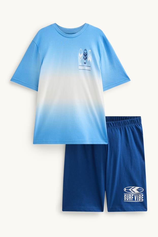 Kinder Buben - Surfboard - Shorty-Pyjama - 2 teilig - gemustert - blau