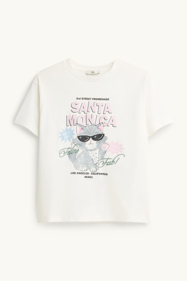 Kinder Mädchen - Katze - Kurzarmshirt - Glanz-Effekt - weiss